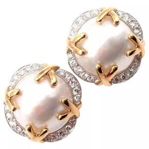 Authentic! Vintage Verdura 18k Yellow Gold Mabe Pearl Diamond Large Earrings